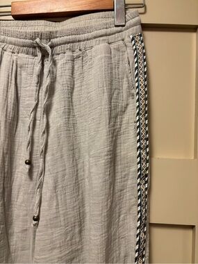 LUNA MOON Boho Drawstring Jogger Cotton Pant Grey Side Embroidered Stripe Piping